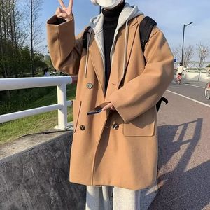 Nep Tweedelige Wollen Jas Mannen Herfst Winter Koreaanse Mode Oversized Capuchon Trenchcoat Streetwear Mannen Dikke Warme Wollen Jas 231220
