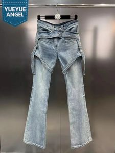 Faux deux pièces conception femmes jeans mode simple boutonnage vintage haute rue pantalon évasé personnalité femme denim pantalon 240129