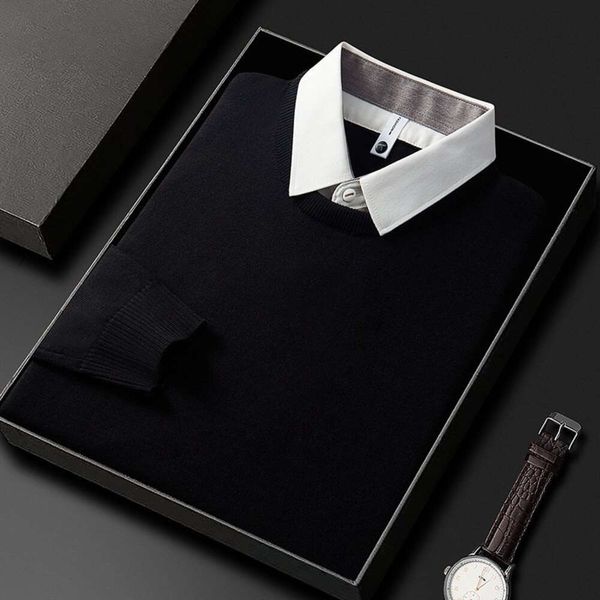 Faux deux pulls, col de chemise noir d'automne et d'hiver, haut inférieur de couche intérieure pour hommes, pull tricoté
