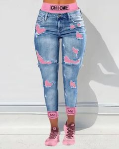 Fake Twopiece Patchwork Cutout Coup Ripped Jeans Femmes Longue de la cheville Pantalon de crayon à taille haute décontractée Denim 240423