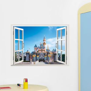 Faux Windows Sea Beach Castle 3D Stickers muraux Home Decor Windows Fond amovible coloré 48 * 68cm 210420