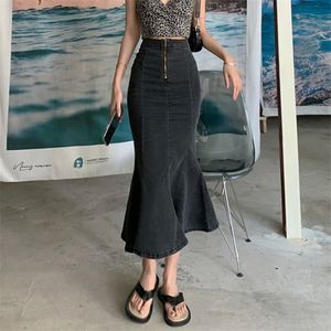 Faldas Mujer Moda Vintage Wrap Hanche Taille Haute Noir Denim Jupe Sirène Split Plus La Taille Streetwear Trompette Sauvage Sexy 220322