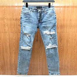 FALECTION MENS 21fw Jeans de alta calidad Jeans de motociclista desgastados Skinny Slim Ripped Hole Stripe Fashion MX1 IRIDESCENT 185x