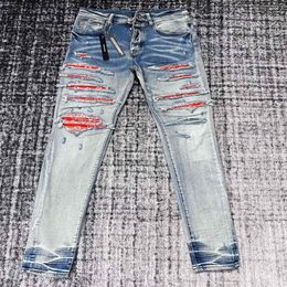 FALECTION HOMMES 22ss rouge bandana JEANS PATCH BRODÉ DÉCHIRÉ pantalon moto rockstar jean259Y