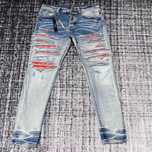 FALECTION HOMME 22ss bandana rouge JEANS PATCH BRODÉ DÉCHIRÉ pantalon moto rockstar jean290b