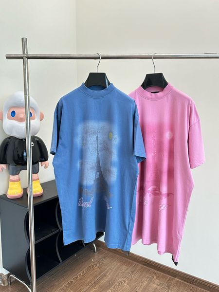 FALECTION HOMME 24ss blcg PARIS Moon T-Shirt surdimensionné en jersey vintage bleu rose lavé vêtements de mode paris