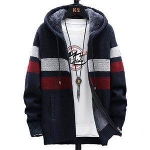 Faliza heren gestreepte trui jas dikke fleece warme ritswol hooded vestigan jumpers mannen lange mouwen gebreide truien XY110 210918