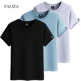 FALIZA Hommes T-shirt à manches courtes en coton de haute qualité Mode Couleur unie Casual Homme T-shirts Été Tee Vêtements 3 Pcs / Lot TX154 220325