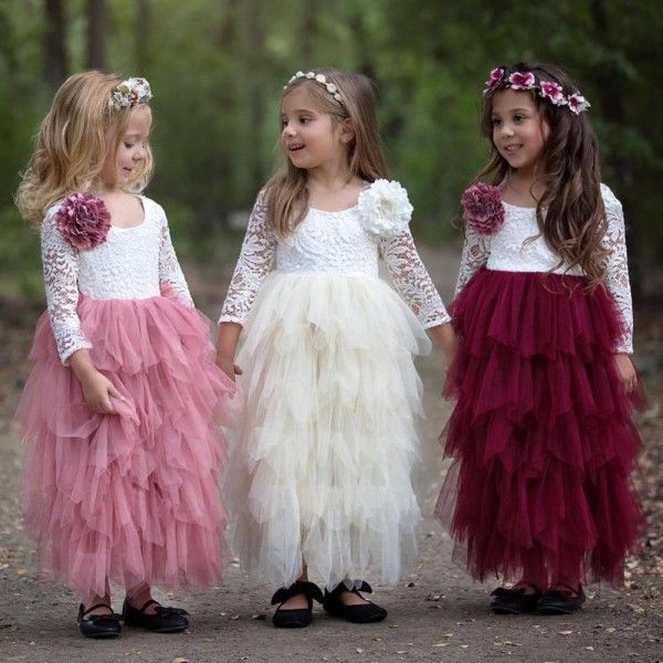 Otoño 2019 Nuevo diseño Little Queen Vestido de niña de flores Cuello en V V Encaje Encaje y Tull Tiered Vestidos infantiles para bodas