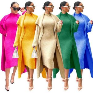 Automne Et Hiver Designer Femmes Robes Plus La Taille 3xl 4xl Manteau Deux Pièces Tempérament Lâche Ceinture Long Cardigan Costume