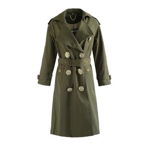 Automne et hiver nouveau coupe-vent mode féminine tempérament à revers à manches longues mince armée vert manteau long et moyen 201211