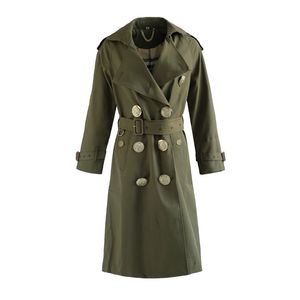 Automne et hiver coupe-vent femme mode revers tempérament manches longues mince armée vert moyen-long manteau 210914