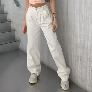 Daling baggy witte jeans vrouw hoge taille Koreaanse indie esthetiek katoen lading broek vintage kleding bodems kobieta spodnie 210922