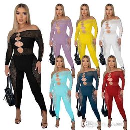 Herfstontwerper dames sexy holle out jumpsuits perspectief luipaard parel knop uit schouder rompers bodysuits clubkleding