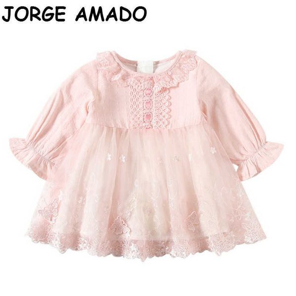 Automne Robe Rose Dentelle Bébé Fille À Manches Longues Princesse Enfants Vêtements 1-4T E9567 210610