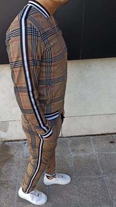 Fall zachte heren sets jas 3D plaid print pak sport casual pakken mannen stijlvolle Britse set stijl tie-up broek twee stukken x0909