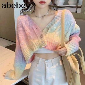 Herfst Gebreide Cardigan Button Up Koreaanse schattige truien bijgesneden vrouwen Kawaii Crop Sweater Breien Top Streetwear 210922