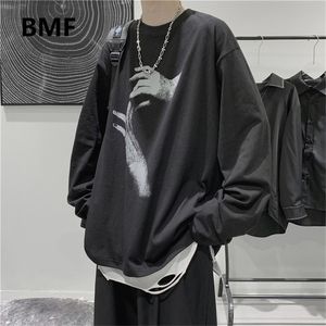 Otoño camiseta de manga larga moda suelta Ulzzang estampado Tops Hip Hop camisetas de gran tamaño hombres ropa estilo coreano ropa 220507