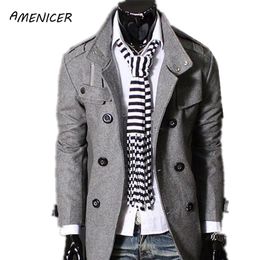 Fall-Nieuwe 2015 Heren Wollen Jas Effen Zwart Warm Lange Windjack Double Breasted Overjas Man Pea Jas Abrigos Hombres Invierno