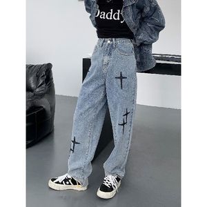 Herfstoutfits op maat gemaakte diy dames streetwear kruisborduurwerk wijde pijpen outfit casual homecoming jeans