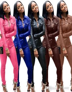 Fall Pu Leather Women Jacked Coat broek Sets Designer Fashion Cardigan en Leggings Slim Fit tweedelig sweatsuits 3XL4540575