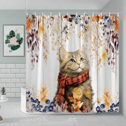 Rideau de douche d'automne, citrouille de tournesol érable hauts terres bétail chat fermier plaid à aquarelle, rideau de douche décor de salle de bain