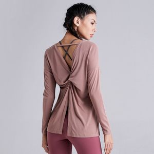 Traje deportivo de otoño para correr, top de fitness, modelo femenino de secado rápido, vestido de yoga de manga larga de color liso con abertura en la espalda para mujer