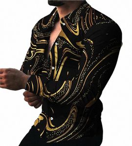 Herfst Lente Fi Luxe Sociale Heren Shirts Revers Butt-Up Shirts Casual Dot Gouden Patroon Print Lg Mouw Top Heren 54z9#