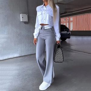 Femmes de printemps d'automne Two Piece Set Office Simple Solid Solid Long Long Long Shirt Shirt Top Grey Blazer Elegant Y2K 240319