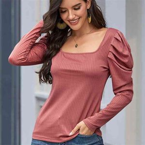 Val vierkante nek bubble lange mouw t-shirt gebreide mode casual straat stijl effen kleur vrouwen trui top plus size 210522