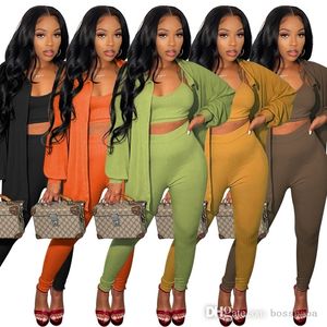 Fall Driedelige Broek Set Crop Top Rib Lange Mouw Vrouw Jogging Pak 2023 Dames Kleding Kleding