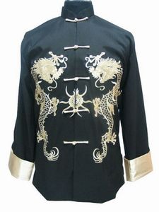 Automne-Vintage Noir Chinois Traditionnel Hommes Veste Soie Satin Manteau À La Main Broderie Dragon Outwear S M L XL XXL XXXL M-1011