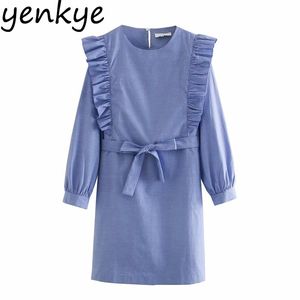 Herfst vintage vrouwen blauw gestreepte jurk lange mouw o hals met riem ruche herfst jurken zoete dame plus size rechte vestido 210514