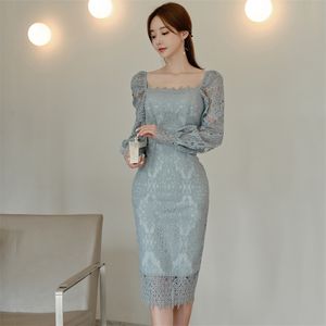 herfst winter blauwe kant jurk Korea dames lange mouwen vierkante hals bodycon sexy kantoor jurken voor dameskleding 210602