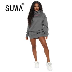 Val winter kleding cool meisje bf stijl vrouwen effen kleur hoodies sweatshirt lange mouwen mode sexy mini jurken vrouwelijke 210525