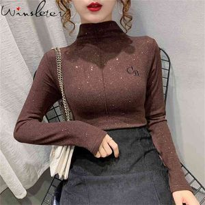 Automne Hiver Vêtements Européens T-Shirt Sexy Col Roulé Brillant Broderie Lettre Femmes Tops Coton Brossé Tees T11303A 210421