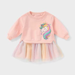 Otoño Invierno niños Cacual vestido de tutú de algodón de punto para niñas pequeñas unicornio ropa de bebé coreana ropa de Color arcoíris 210529