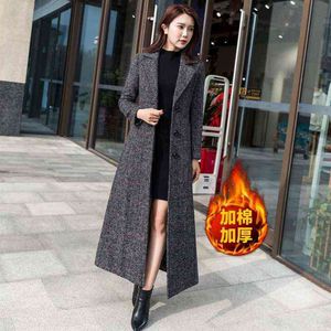 Manteau en laine à carreaux coréen automne / hiver pour femmes avec col de costume épais en coton sur le genou long et mince pour femmes 211118