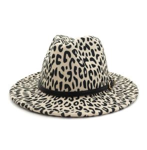 Automne Hiver Leopard Plat Brim Wool Fedora Chapeau Femme Men Metal Belt Fall Vintage Chapeaux Ladies Hats Church Hat2122621