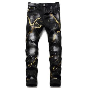 Automne Hiver Nouveaux Hommes En Lambeaux Slim PP Lavage Jeans Déchirés Peinture Noire Splash Serré Stretch Mode Homme Pantalon X0621238k