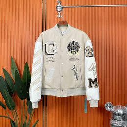 Automne/Hiver Off Brand White Jacket 2023 Mode Nouveau manteau de bombardier en laine brodé à la main Manteaux de baseball pour hommes et femmes 4mqh