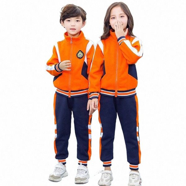 Otoño Invierno Uniforme de escuela primaria Chaqueta naranja gruesa Pantalones azul marino Ropa deportiva para niños Traje de jardín de infantes Ropa para estudiantes Traje g14Y #