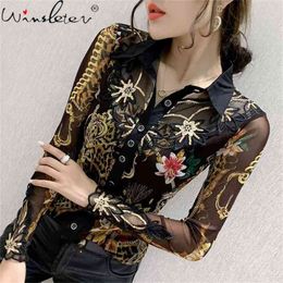 Autunno Inverno Camicetta lucida Abiti europei Moda Sexy Leopard Patchwork Stampa Donna Camicia tutto fiammifero Ropa Mujer Top Nuovo T08605L 210323