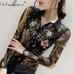 Herfst winter glanzende blouse Europese kleding mode sexy luipaard patchwork print vrouwen allemaal match shirt ropa mujer tops t08605L 210226