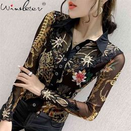 Herfst winter glanzende blouse Europese kleding mode sexy luipaard patchwork print vrouwen allemaal match shirt ropa mujer tops t08605L 210326