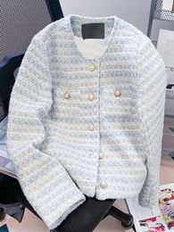 Herfst winter tweed vestjacht met zakken single -breasted strepen jas elegante bovenkleding voor vrouwen losse outsdraged 240423