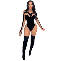 Herfst Winter Fluwelen Jumpsuits Vrouwen Velours Mesh Rompertjes Lange Mouw Truien Sheer Casual Bodycon Bodysuit Nachtclub Wear Items 6922