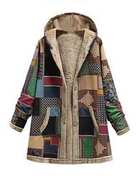 Automne hiver femme Nation rétro Patchwork à capuche veste à manches longues boutonné vêtements d'extérieur décontractés pour femmes vêtements 240104