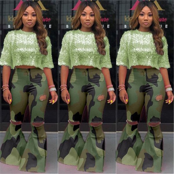 Automne hiver femmes vert Camouflage pantalon évasé Sexy filles trous Jeans S-3XL taille haute CAMO Bell-Bottom Casual denim extensible bootcut 1334