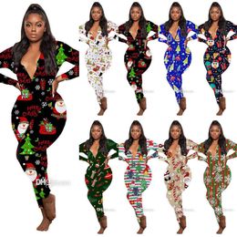 Otoño Invierno Mujer Monos Mamelucos Navidad Impreso Diseñador Pijama Onesies Moda Manga larga Cuello en V Ropa para el hogar Body